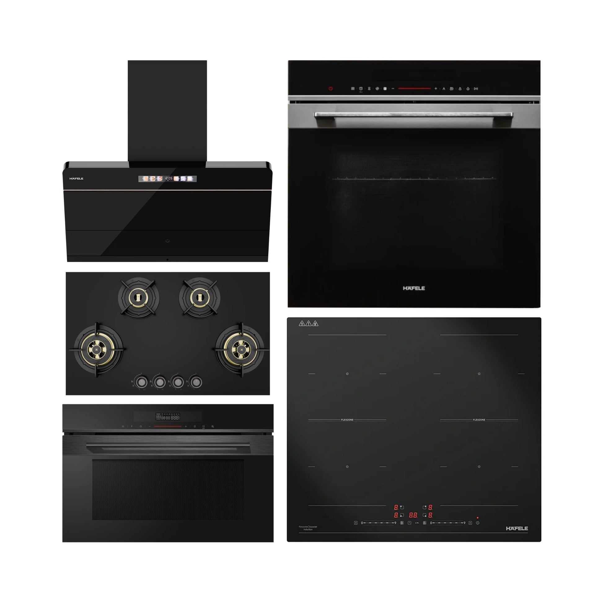 Hafele Built In Oven ORB 72 BIO + Hafele Built-In Convection Microwave DIAMOND 34 MWO + Hafele 90 cm Wall Mounted Chimney TERESA NEO I-90 BLDC + Hafele 80 cm 4 Burner Hob Cronus Series CRONUS 480 + Hafele 2 Zones Induction Hob NERO 30
