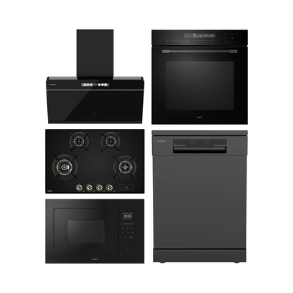 Hafele Built In Oven with Full Steam MIDORA FULL STEAM OVEN + Hafele Built-In Microwave ENZO 28 + Hafele 90 cm Wall Mounted Chimney TERESA NEO I-90 BLDC + Hafele 80 cm 4 Burner Hob Cronus Series CRONUS 480 + Hafele Free Standing Dishwasher AQUA NOIR 13 FS with 13 Place Settings