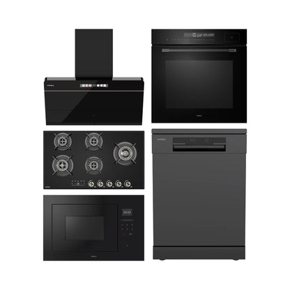Hafele Built In Oven with Full Steam MIDORA FULL STEAM OVEN + Hafele Built-In Microwave ENZO 28 + Hafele 90 cm Wall Mounted Chimney TERESA NEO I-90 BLDC + Hafele 90 cm 5 Burner Hob Cronus Series CRONUS 590 + Hafele Free Standing Dishwasher AQUA NOIR 13 FS with 13 Place Settings