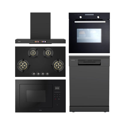 Hafele Built In Oven CELIA 70 + Hafele Built-In Microwave AIDA 28 + Hafele 90 cm Wall Mounted Chimney TERESA T-90 BLDC + Hafele 86 cm 4 Burner Hob Altius Plus Matt Series ALTIUS PLUS MATT GLASS 490 + Hafele Free Standing Dishwasher AQUA NOIR 13 FS with 13 Place Settings