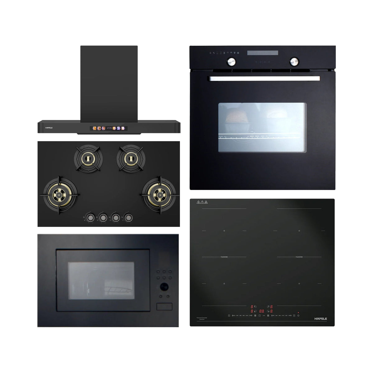 Hafele Built In Oven CELIA 70 + Hafele Built-In Microwave AIDA 28 + Hafele 90 cm Wall Mounted Chimney TERESA T-90 BLDC + Hafele 86 cm 4 Burner Hob Altius Plus Series ALTIUS PLUS 490 + Hafele 4 Zones Induction Hob NERO 60