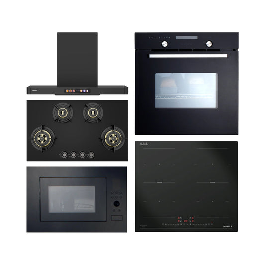 Hafele Built In Oven CELIA 70 + Hafele Built-In Microwave AIDA 28 + Hafele 90 cm Wall Mounted Chimney TERESA T-90 BLDC + Hafele 86 cm 4 Burner Hob Altius Plus Series ALTIUS PLUS 490 + Hafele 4 Zones Induction Hob NERO 60