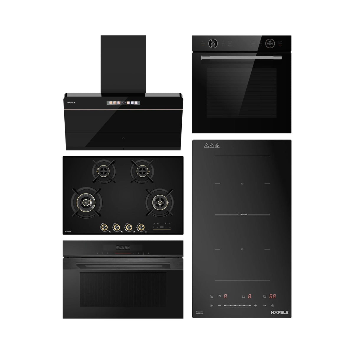 Hafele Built In Oven ORB 72 BIO + Hafele Built-In Convection Microwave DIAMOND 34 MWO + Hafele 90 cm Wall Mounted Chimney TERESA NEO I-90 BLDC + Hafele 80 cm 4 Burner Hob Cronus Series CRONUS 480 + Hafele 2 Zones Induction Hob NERO 30