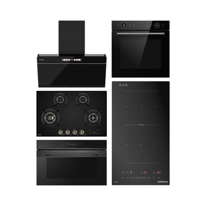 Hafele Built In Oven ORB 72 BIO + Hafele Built-In Convection Microwave DIAMOND 34 MWO + Hafele 90 cm Wall Mounted Chimney TERESA NEO I-90 BLDC + Hafele 80 cm 4 Burner Hob Cronus Series CRONUS 480 + Hafele 2 Zones Induction Hob NERO 30