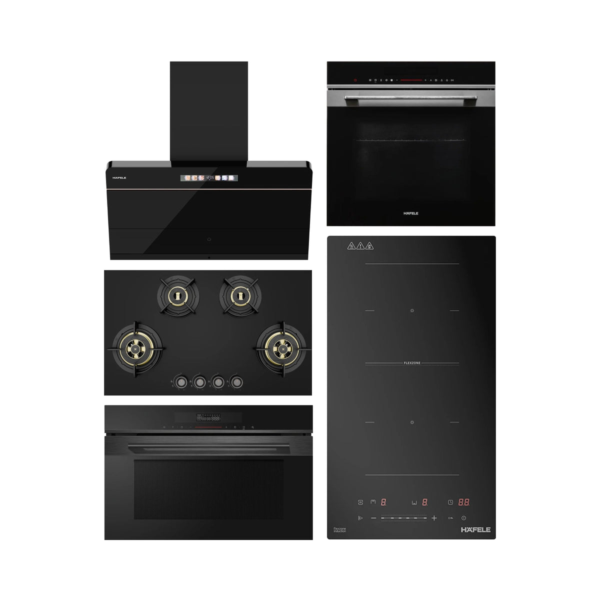Hafele Built In Oven DIAMOND 77 BIO + Hafele Built-In Convection Microwave DIAMOND 34 MWO + Hafele 90 cm Wall Mounted Chimney TERESA NEO I-90 BLDC + Hafele 86 cm 4 Burner Hob Altius Plus Matt Series ALTIUS PLUS MATT GLASS 490 + Hafele 2 Zones Induction Hob NERO 30
