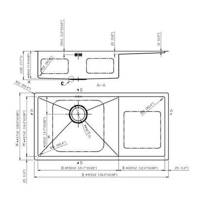 Hafele Stainless Steel Sink Argento SINGLE BOWL WITH DRAIN BOARD EMERALD R3618 ( 36 x 18 inches ) - Satin