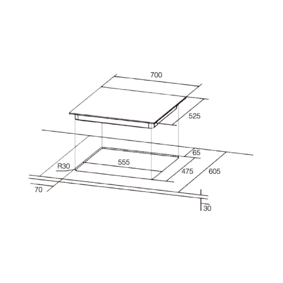 Hafele 60 cm Wall Mounted Chimney Essentia Series RENATA INCLINED 60 + Hafele 70 cm 4 Burner Hob Essentia Series VERENA 470