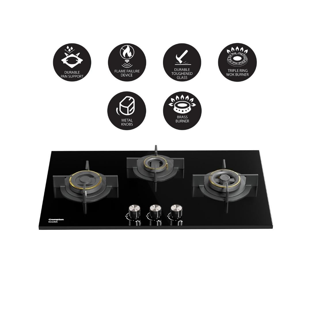Crompton 78 cm 3 Burner Hob Sensosafe HOB-SSDC783-MBL