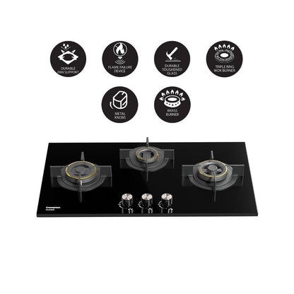 Crompton 78 cm 3 Burner Hob Sensosafe HOB-SSDC783-MBL