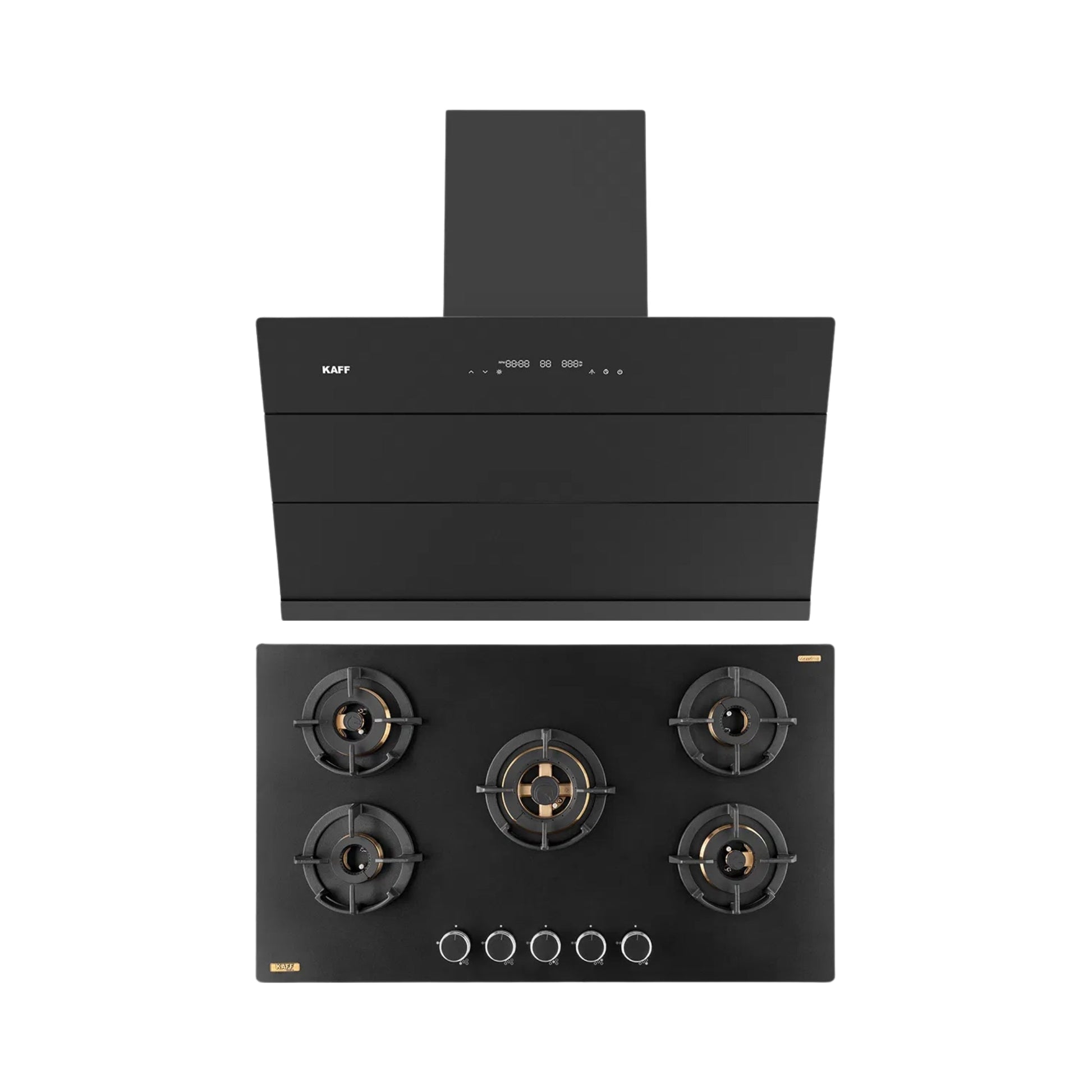 Kaff 90 cm Wall Mounted Chimney ALBURY SUPER 90 DC BLDC + Kaff 86 cm 5 Burner Hob Massimo MSM 865X