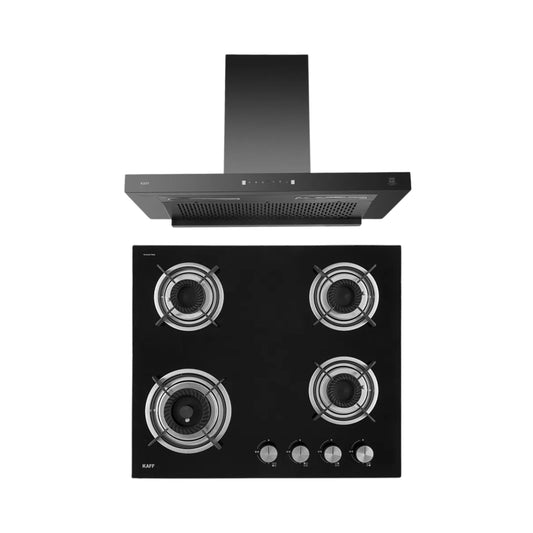 Kaff 60 cm Wall Mounted Chimney Filterless Series ASHPRO DHC 60 + Kaff 60 cm 4 Burner Hob Crista CRH 604