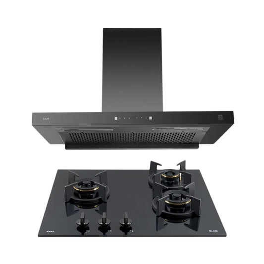 Kaff 60 cm Wall Mounted Chimney Filterless Series ASHPRO DHC 60 + Kaff 60 cm 3 Burner Hob Blaze Series BZ 603