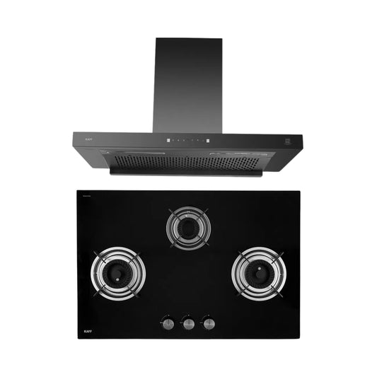 Kaff 75 cm Wall Mounted Chimney Filterless Series ASHPRO DHC 75 + Kaff 78 cm 3 Burner Hob Crista CRH 783