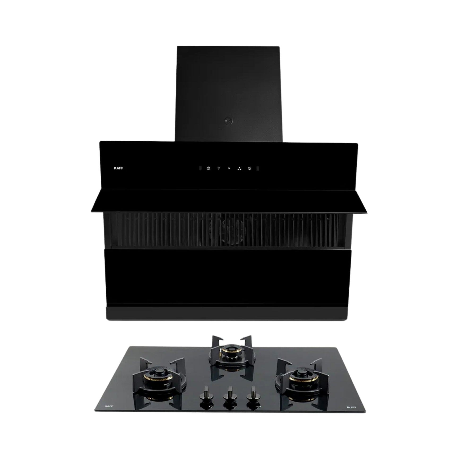 Kaff 75 cm Wall Mounted Chimney Filterless Series NOBELO LX DHC 75 + Kaff 78 cm 3 Burner Hob Blaze Series BZ 783