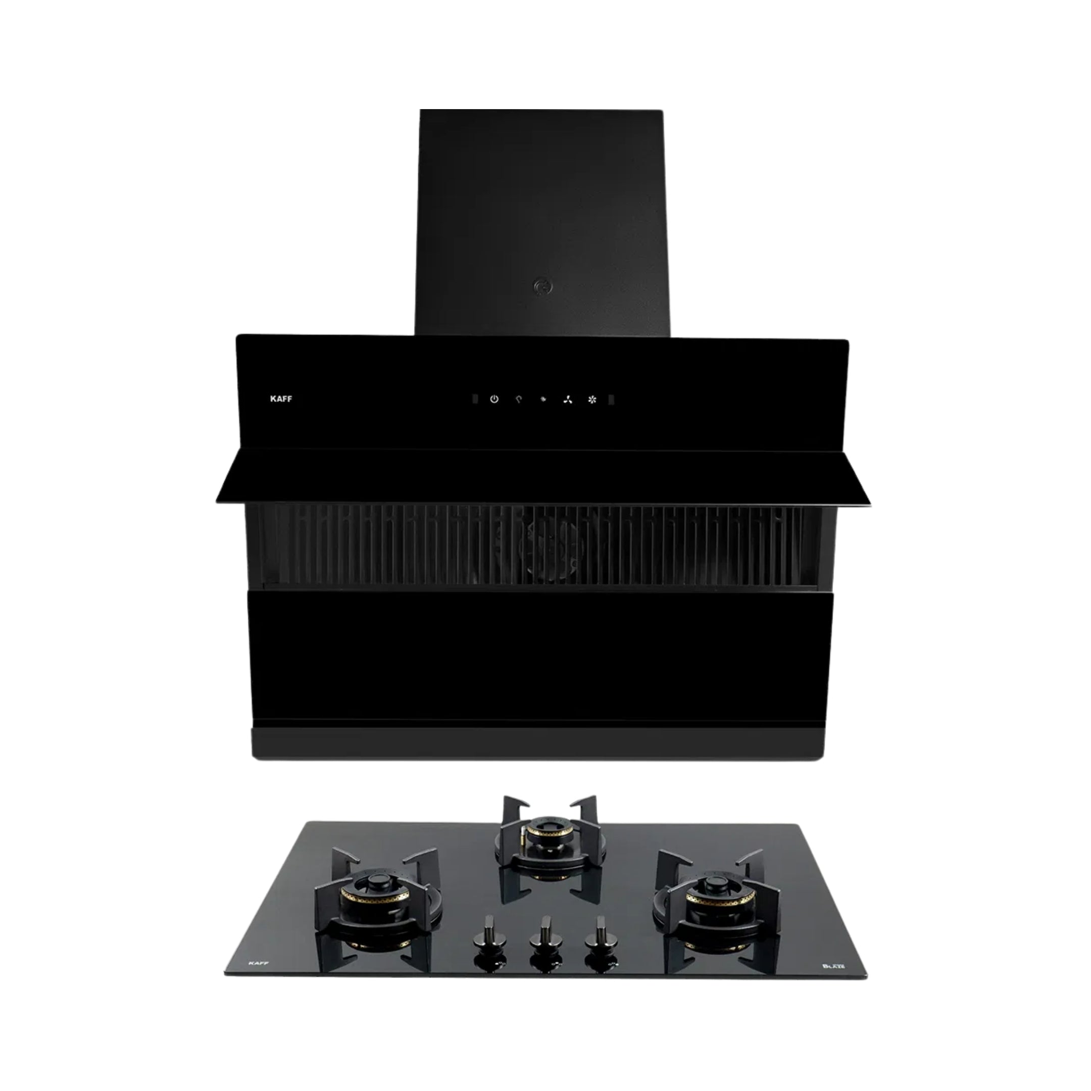 Kaff 75 cm Wall Mounted Chimney Filterless Series NOBELO LX DHC 75 + Kaff 78 cm 3 Burner Hob Blaze Series BZ 783
