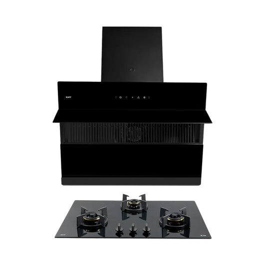 Kaff 75 cm Wall Mounted Chimney Filterless Series NOBELO LX DHC 75 + Kaff 78 cm 3 Burner Hob Blaze Series BZ 783