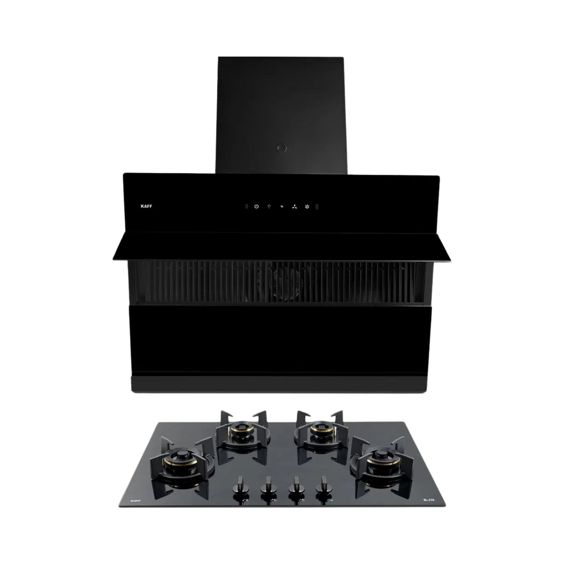 Kaff 75 cm Wall Mounted Chimney Filterless Series NOBELO LX DHC 75 + Kaff 80 cm 4 Burner Hob Blaze Series BZ 804