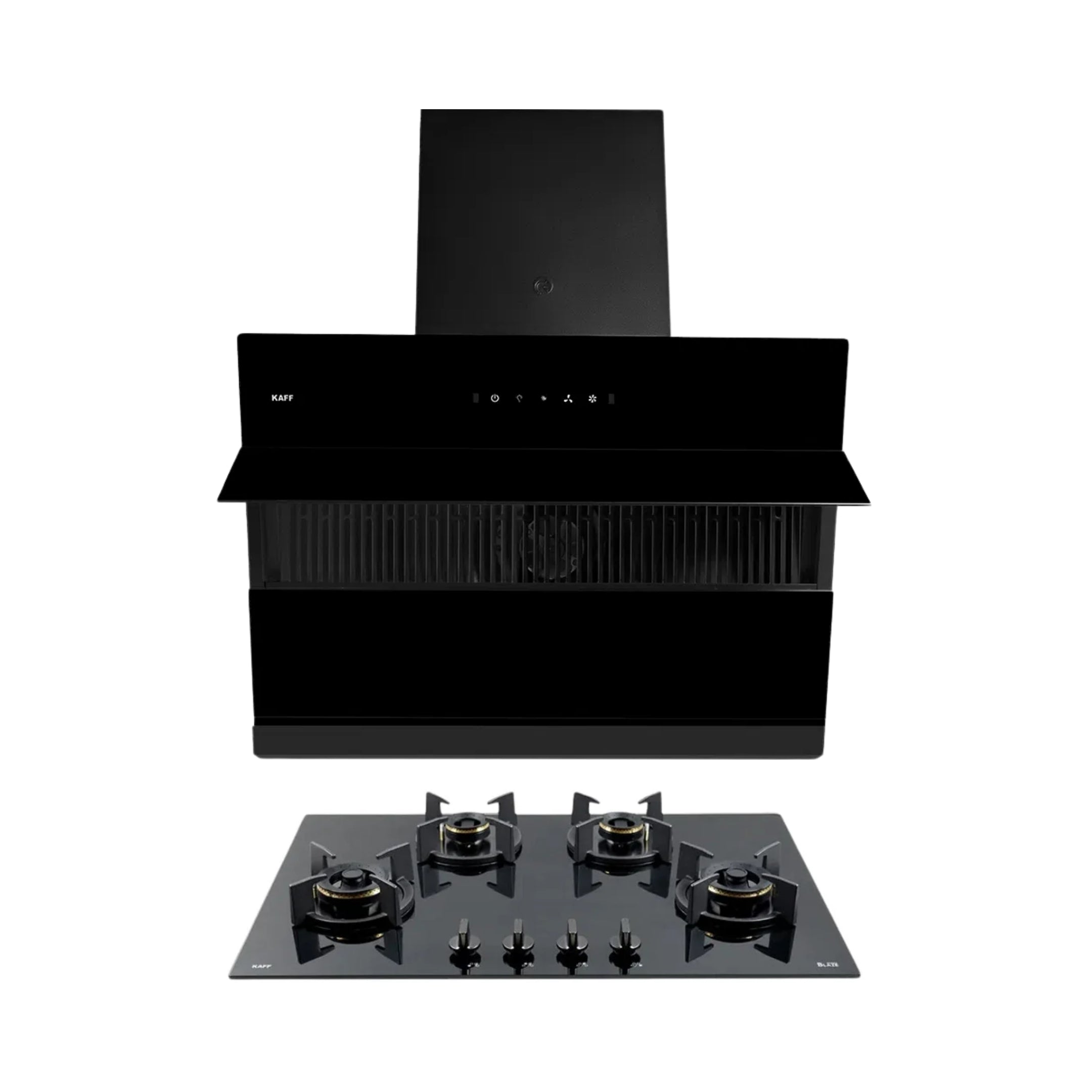 Kaff 75 cm Wall Mounted Chimney Filterless Series NOBELO LX DHC 75 + Kaff 80 cm 4 Burner Hob Blaze Series BZ 804