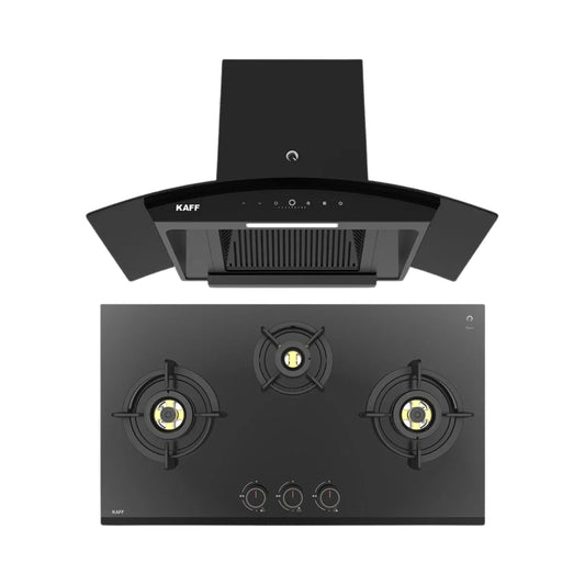 Kaff 75 cm Wall Mounted Chimney VASCO 75 DC - BLDC + Kaff 78 cm 3 Burner Hob Ashford ASF 783