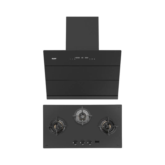 Kaff 75 cm Wall Mounted Chimney ALBURY SUPER 75 DC BLDC + Kaff 78 cm 3 Burner Hob Preston PRS 783