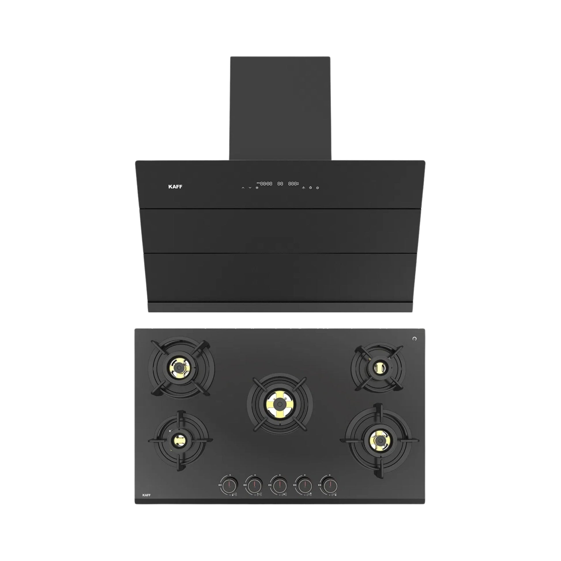 Kaff 90 cm Wall Mounted Chimney ALBURY SUPER 90 DC BLDC + Kaff 86 cm 5 Burner Hob Ashford ASF 865