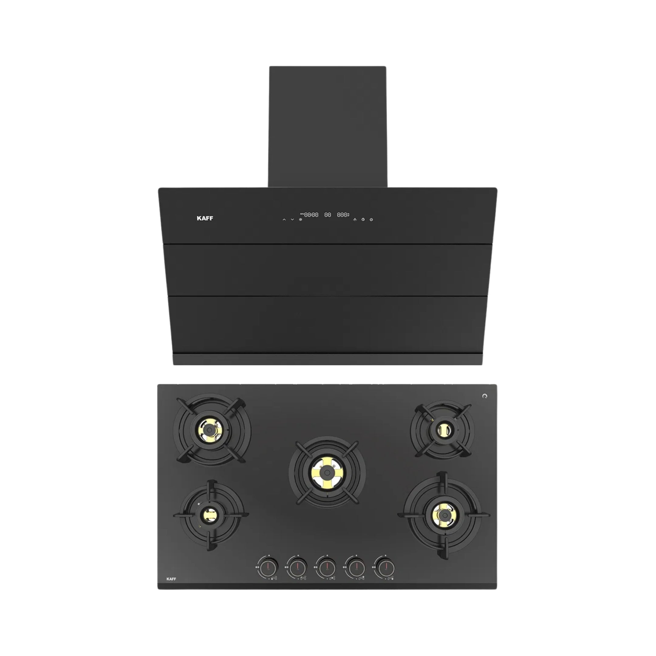 Kaff 90 cm Wall Mounted Chimney ALBURY SUPER 90 DC BLDC + Kaff 86 cm 5 Burner Hob Ashford ASF 865