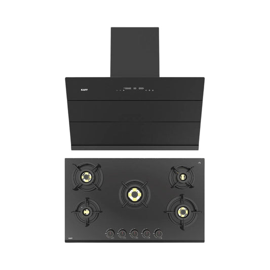 Kaff 90 cm Wall Mounted Chimney ALBURY SUPER 90 DC BLDC + Kaff 86 cm 5 Burner Hob Ashford ASF 865