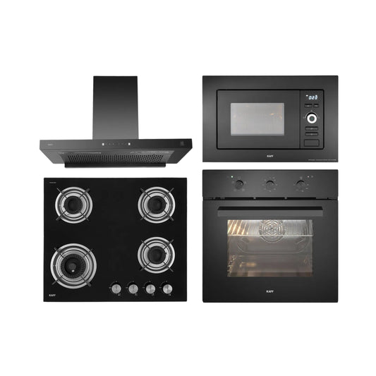 Kaff Built In Oven KOV 70 BA6 + Kaff Built-In Microwave KMW 5PJ BLK + Kaff 60 cm Wall Mounted Chimney Filterless Series ASHPRO DHC 60 + Kaff 60 cm 4 Burner Hob Crista CRH 604
