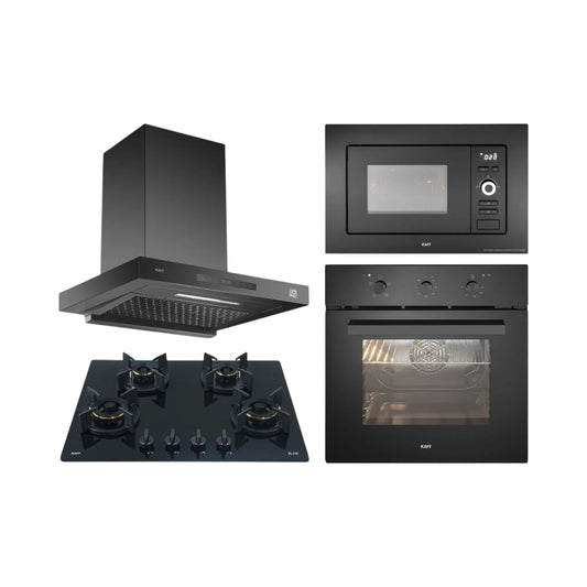 Kaff Built In Oven KOV 70 BA6 + Kaff Built-In Microwave KMW 5PJ BLK + Kaff 60 cm Wall Mounted Chimney ASHPRO 60 DC - BLDC + Kaff 65 cm 4 Burner Hob Blaze Series BZ 654
