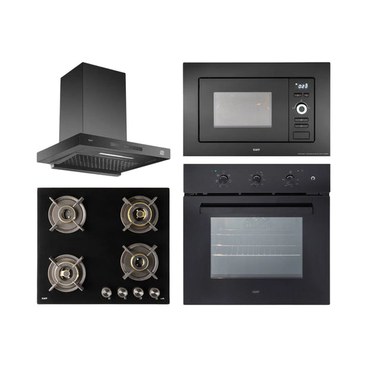 Kaff Built In Oven OV 83 ML7 + Kaff Built-In Microwave KMW 5PJ BLK + Kaff 60 cm Wall Mounted Chimney ASHPRO 60 DC - BLDC + Kaff 60 cm 4 Burner Hob Infra INF 604