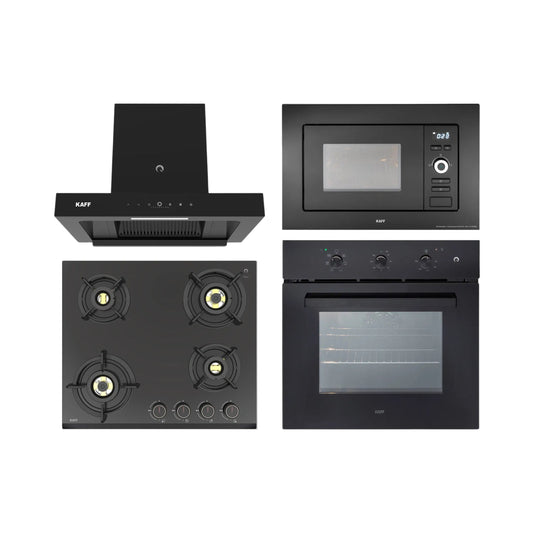 Kaff Built In Oven OV 83 ML7 + Kaff Built-In Microwave KMW 5PJ BLK + Kaff 60 cm Wall Mounted Chimney CASTO 60 - DC - BLDC + Kaff 60 cm 4 Burner Hob Ashford ASF 604
