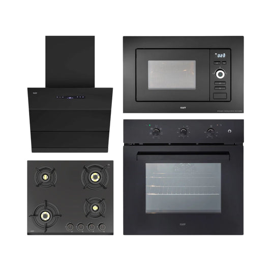 Kaff Built In Oven OV 83 ML7 + Kaff Built-In Microwave KMW 5PJ BLK + Kaff 60 cm Wall Mounted Chimney LYNN 60 DC BLDC + Kaff 60 cm 4 Burner Hob Ashford ASF 604