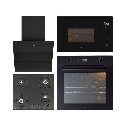 Kaff Built In Oven With Air Fryer OV 81 GIKAFR + Kaff Built-In Microwave KMW HN 6 BLK + Kaff 60 cm Wall Mounted Chimney LYNN 60 DC BLDC + Kaff 60 cm 4 Burner Hob Ashford ASF 604