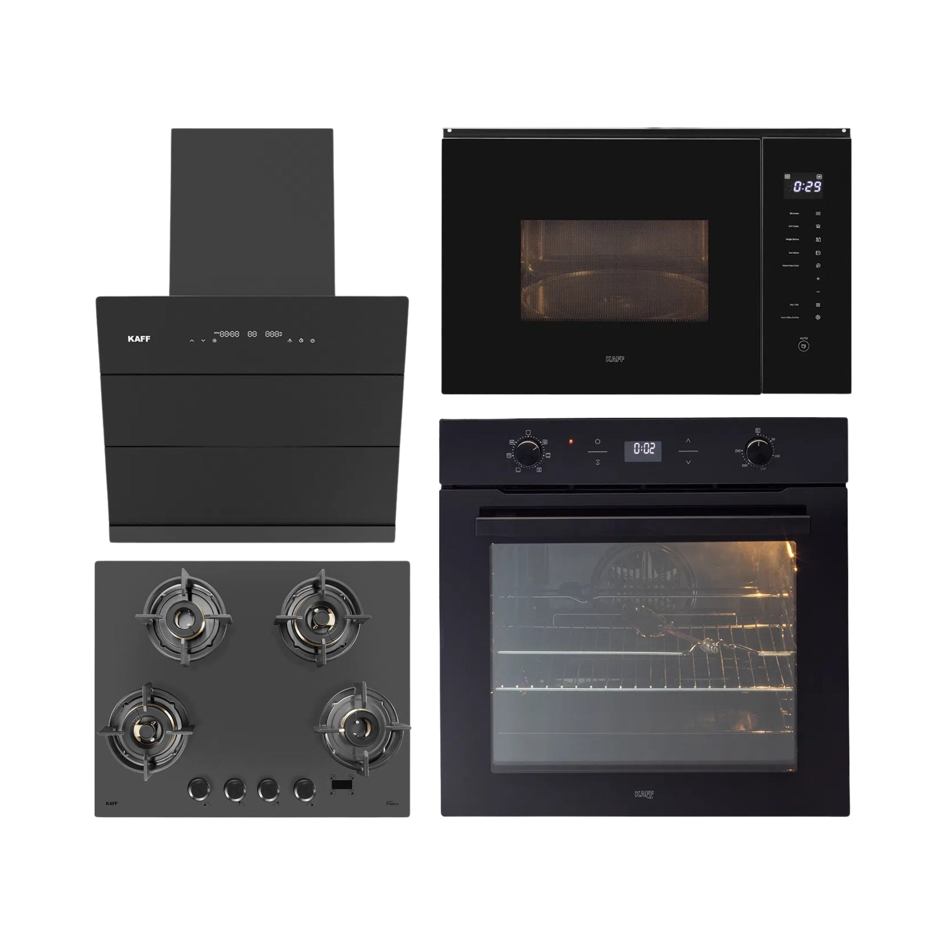 Kaff Built In Oven With Air Fryer OV 81 GIKAFR + Kaff Built-In Microwave KMW HN 6 BLK + Kaff 60 cm Wall Mounted Chimney ALBURY SUPER 60 DC BLDC + Kaff 60 cm 4 Burner Hob Preston PRS 654