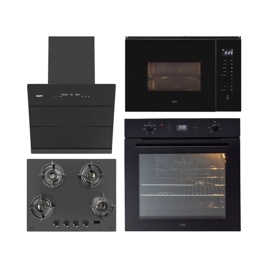 Kaff Built In Oven With Air Fryer OV 81 GIKAFR + Kaff Built-In Microwave KMW HN 6 BLK + Kaff 60 cm Wall Mounted Chimney ALBURY SUPER 60 DC BLDC + Kaff 60 cm 4 Burner Hob Preston PRS 654