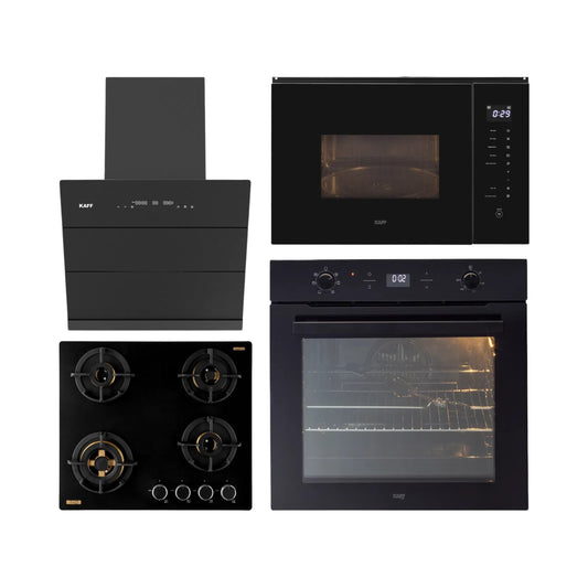 Kaff Built In Oven With Air Fryer OV 81 GIKAFR + Kaff Built-In Microwave KMW HN 6 BLK + Kaff 60 cm Wall Mounted Chimney ALBURY SUPER 60 DC BLDC + Kaff 60 cm 4 Burner Hob Massimo MSM 604X