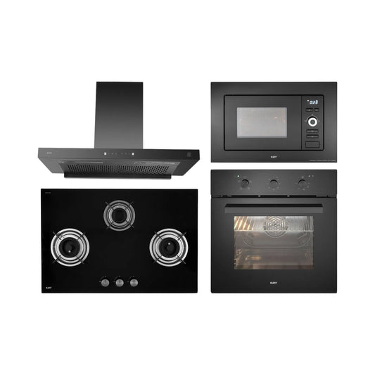 Kaff Built In Oven KOV 70 BA6 + Kaff Built-In Microwave KMW 5PJ BLK + Kaff 75 cm Wall Mounted Chimney Filterless Series ASHPRO DHC 75 + Kaff 78 cm 3 Burner Hob Crista CRH 783