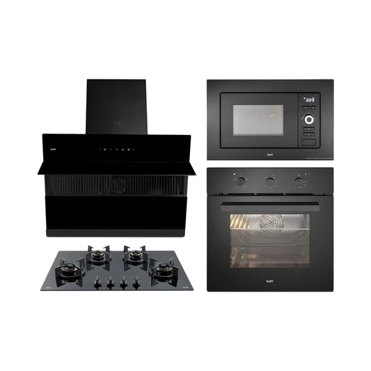 Kaff Built In Oven KOV 70 BA6 + Kaff Built-In Microwave KMW 5PJ BLK + Kaff 75 cm Wall Mounted Chimney Filterless Series NOBELO LX DHC 75 + Kaff 80 cm 4 Burner Hob Blaze Series BZ 804