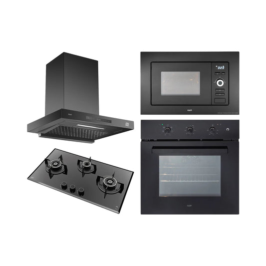 Kaff Built In Oven OV 83 ML7 + Kaff Built-In Microwave KMW 5PJ BLK + Kaff 75 cm Wall Mounted Chimney ASHPRO 75 DC - BLDC + Kaff 78 cm 3 Burner Hob Alton ALNF 783