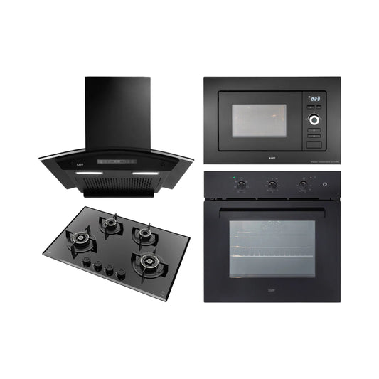 Kaff Built In Oven OV 83 ML7 + Kaff Built-In Microwave KMW 5PJ BLK + Kaff 75 cm Wall Mounted Chimney Premier Range MAINZ 75 DC - BLDC + Kaff 78 cm 4 Burner Hob Alton ALNF 784