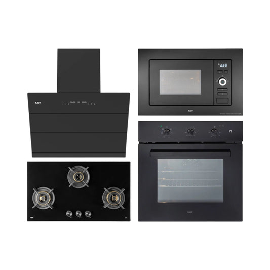 Kaff Built In Oven OV 83 ML7 + Kaff Built-In Microwave KMW 5PJ BLK + Kaff 75 cm Wall Mounted Chimney ALBURY 75 DC - BLDC + Kaff 78 cm 3 Burner Hob Infra INF 783
