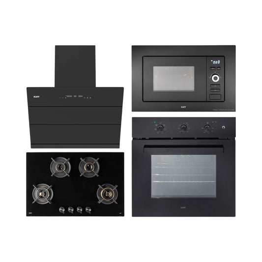 Kaff Built In Oven OV 83 ML7 + Kaff Built-In Microwave KMW 5PJ BLK + Kaff 75 cm Wall Mounted Chimney ALBURY 75 DC - BLDC + Kaff 80 cm 4 Burner Hob Infra INF 804