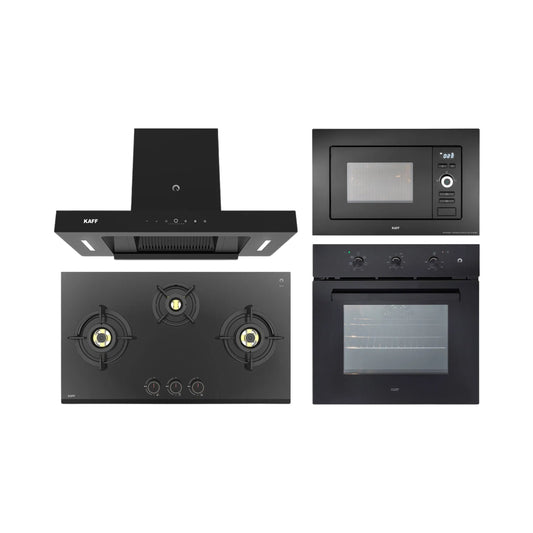 Kaff Built In Oven OV 83 ML7 + Kaff Built-In Microwave KMW 5PJ BLK + Kaff 75 cm Wall Mounted Chimney CASTO 75 - DC - BLDC + Kaff 78 cm 3 Burner Hob Ashford ASF 783