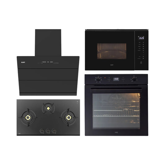 Kaff Built In Oven With Air Fryer OV 81 GIKAFR + Kaff Built-In Microwave KMW HN 6 BLK + Kaff 75 cm Wall Mounted Chimney ALBURY 75 DC - BLDC + Kaff 78 cm 3 Burner Hob Ashford ASF 783
