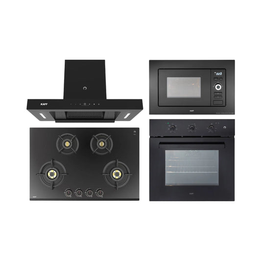 Kaff Built In Oven OV 83 ML7 + Kaff Built-In Microwave KMW 5PJ BLK + Kaff 75 cm Wall Mounted Chimney CASTO 75 - DC - BLDC + Kaff 78 cm 4 Burner Hob Ashford ASF 784
