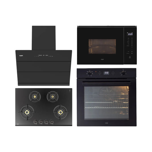 Kaff Built In Oven With Air Fryer OV 81 GIKAFR + Kaff Built-In Microwave KMW HN 6 BLK + Kaff 75 cm Wall Mounted Chimney ALBURY 75 DC - BLDC + Kaff 78 cm 4 Burner Hob Ashford ASF 784