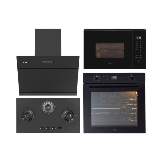 Kaff Built In Oven With Air Fryer OV 81 GIKAFR + Kaff Built-In Microwave KMW HN 6 BLK + Kaff 75 cm Wall Mounted Chimney ALBURY SUPER 75 DC BLDC + Kaff 78 cm 3 Burner Hob Preston PRS 783