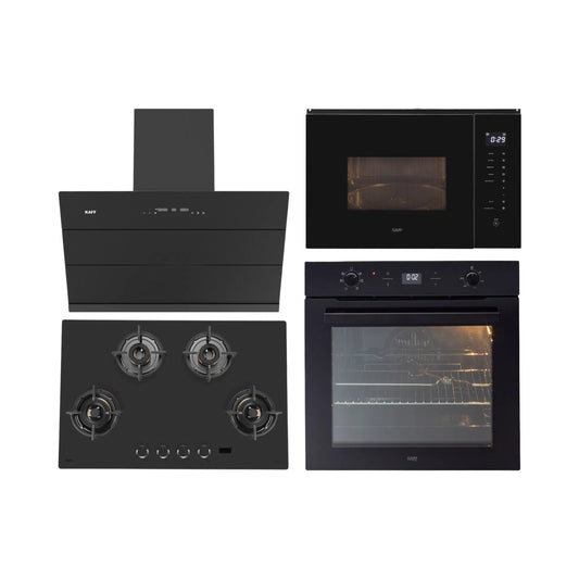 Kaff Built In Oven With Air Fryer OV 81 GIKAFR + Kaff Built-In Microwave KMW HN 6 BLK + Kaff 90 cm Wall Mounted Chimney ALBURY SUPER 90 DC BLDC + Kaff 80 cm 4 Burner Hob Preston PRS 804
