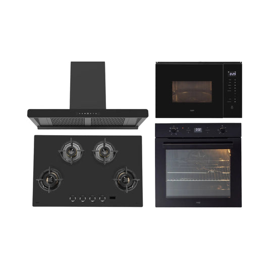 Kaff Built In Oven With Air Fryer OV 81 GIKAFR + Kaff Built-In Microwave KMW HN 6 BLK + Kaff 90 cm Wall Mounted Chimney BRANDO 90 DC BLDC + Kaff 80 cm 4 Burner Hob Preston PRS 804