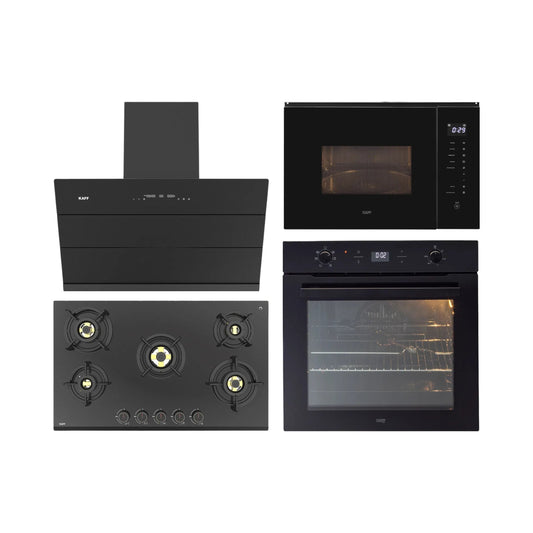 Kaff Built In Oven With Air Fryer OV 81 GIKAFR + Kaff Built-In Microwave KMW HN 6 BLK + Kaff 90 cm Wall Mounted Chimney ALBURY SUPER 90 DC BLDC + Kaff 86 cm 5 Burner Hob Ashford ASF 865